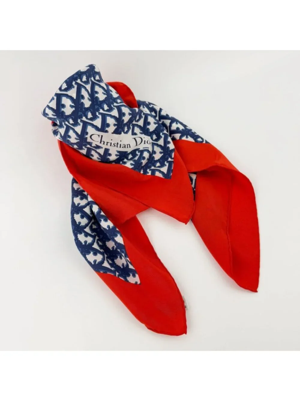 Dior Trotter Logo Pattern Silk Scarf Red Navy White Multicolor Vintage